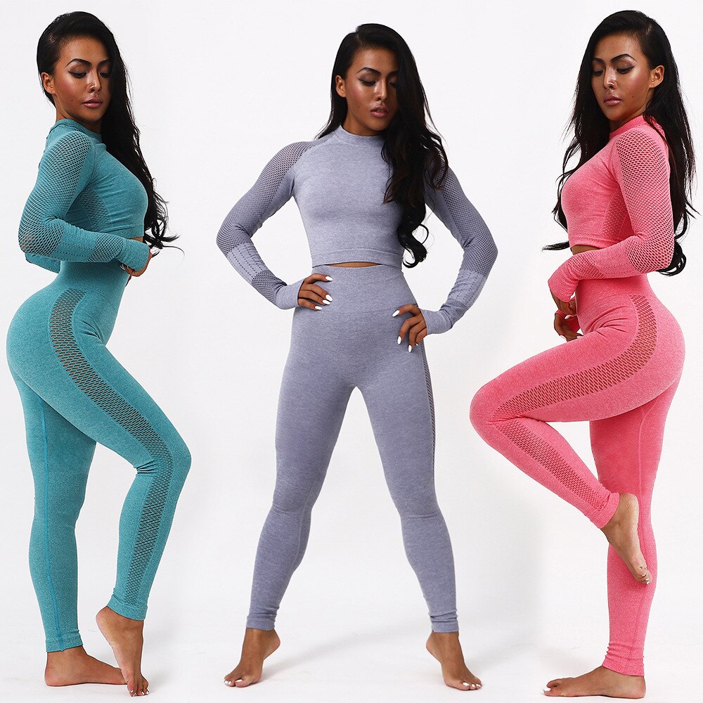 Long Sleeve Two Pcs Seamless Yoga Set Workout Clothes For Women