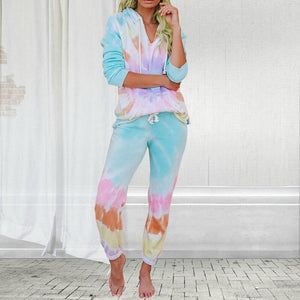 Tie Dye Print Hooded Pajamas Two Piece Sets Long Sleeve